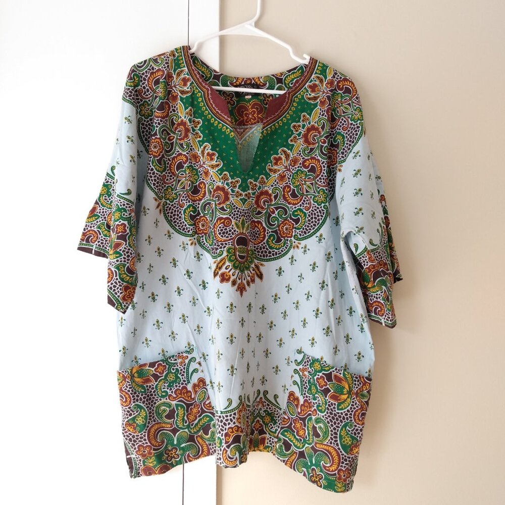 Vintage Jamaican Dashiki Tunic Shirt Size Large Pockets Hippie Boho Blue L-XL